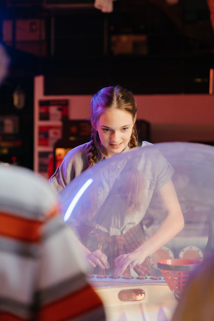 A teenager enjoying a retro arcade game in a lively, playful atmosphere.